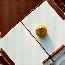 Open analog journal with a pen, next to a mindfulness bell, representing physical wellness tools.