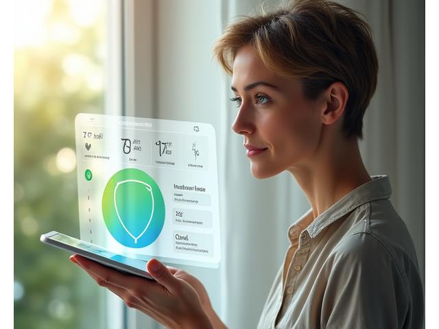 Illustration of a person interacting with a tablet showing a numerical score and graphs, representing a digital wellness assessment.