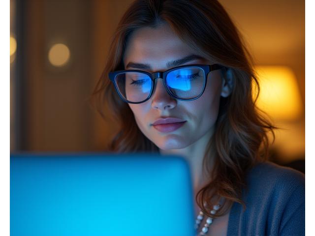 Person wearing blue light glasses looking at a screen, with subtle glowing blue light effect.