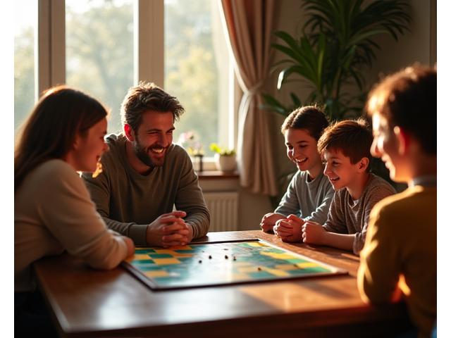 Family playing a board game together, with no screens in sight, enjoying quality time.