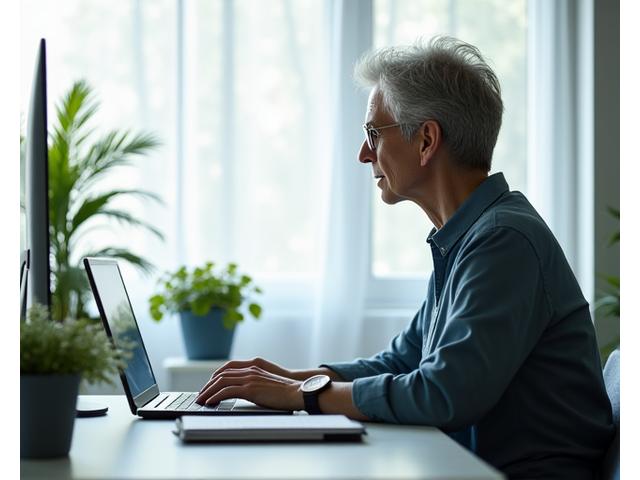 Professional working focused at a clean desk with a minimalist setup, no distractions.